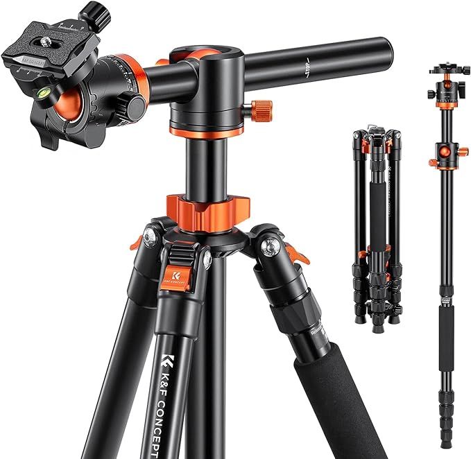K&F Concept professional camera tripod with orange accents and ball head mount on white background.