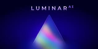Luminar AI software logo with colorful holographic prism triangle on dark blue background.