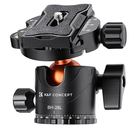 K&F Concept BH-28L ball head tripod mount with quick release plate and bubble level.
