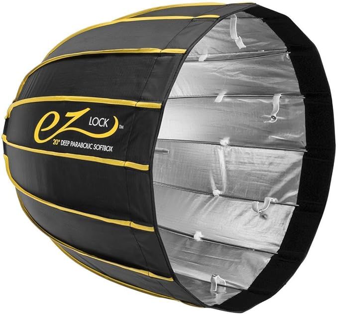 EZ Lock 22-inch deep parabolic softbox with gold accent stripes for studio lighting.