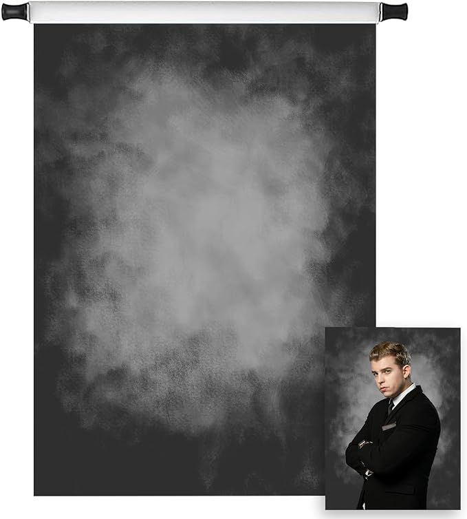 Dark grey mottled photography backdrop on roller with example portrait photo inset.