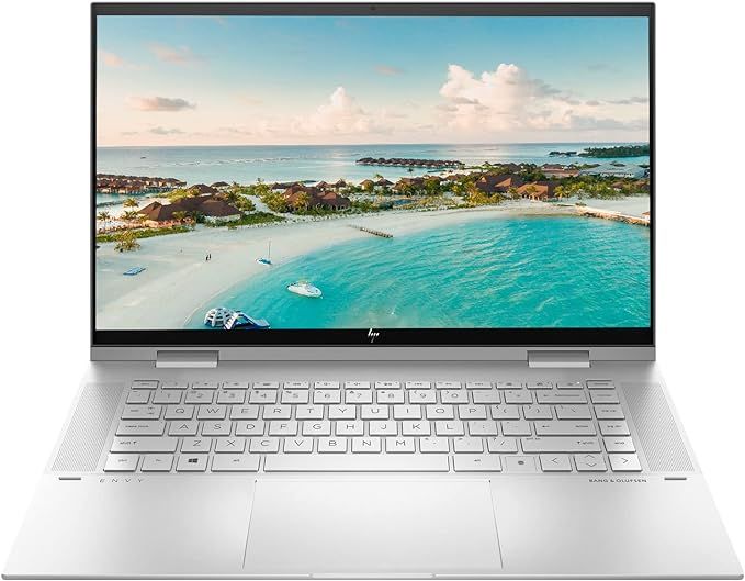 HP Envy x360 15-inch convertible laptop in silver with vibrant touchscreen display open.