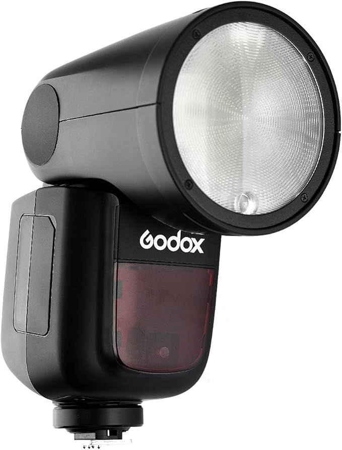 Godox V1 round head camera flash speedlite with hot shoe mount for DSLR cameras.