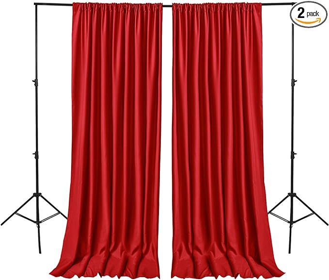 Red polyester backdrop curtains on stands, 2-pack photography background drapes.