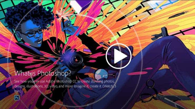 Adobe Photoshop CC promotional video thumbnail featuring colorful digital illustration artwork.