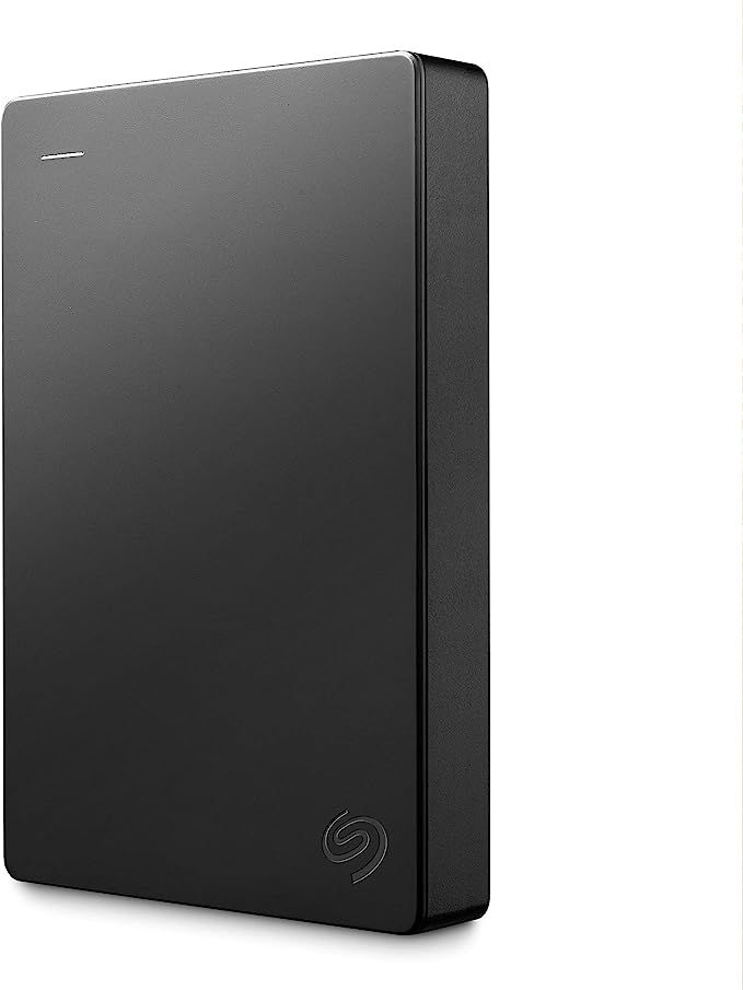 Seagate portable external hard drive in slim black design on white background.