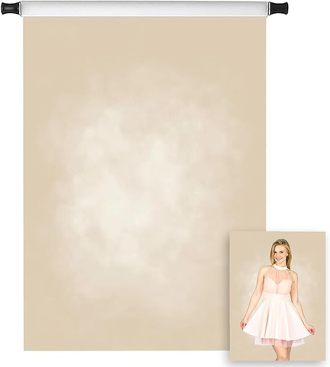 Beige mottled photography backdrop on roller with example portrait photo inset.