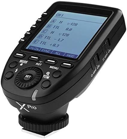 Godox Xpro TTL wireless flash trigger transmitter with LCD screen for camera hot shoe mount.