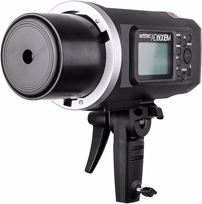 Godox AD600BM professional outdoor strobe flash unit with LCD display and handle grip.