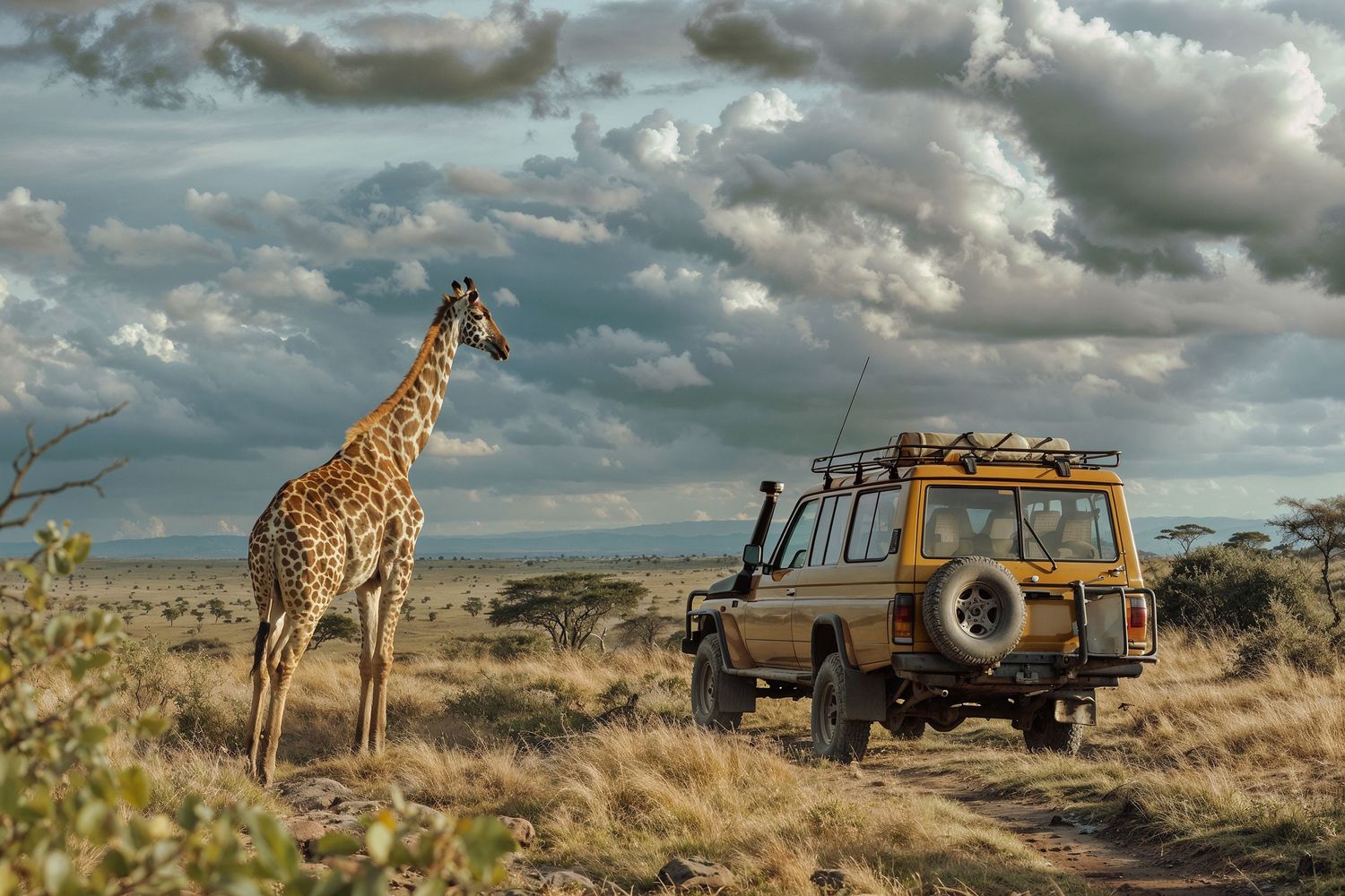 Safari vehicle follows a tall giraffe across the savanna grasslands under dramatic cloudy skies in Africa.