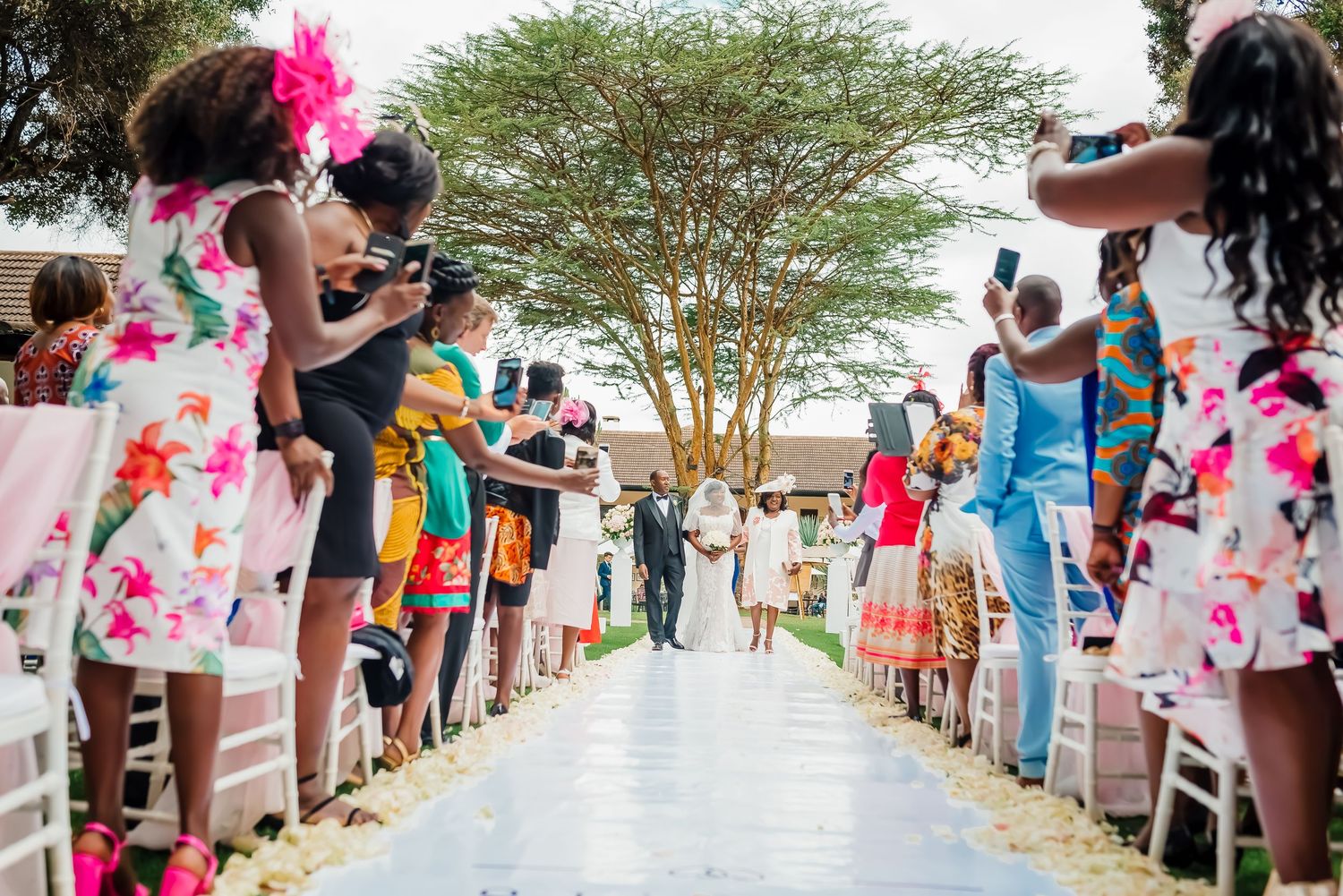 A long line of people waiting outdoors under trees with pink decorative elements visible in the scene.