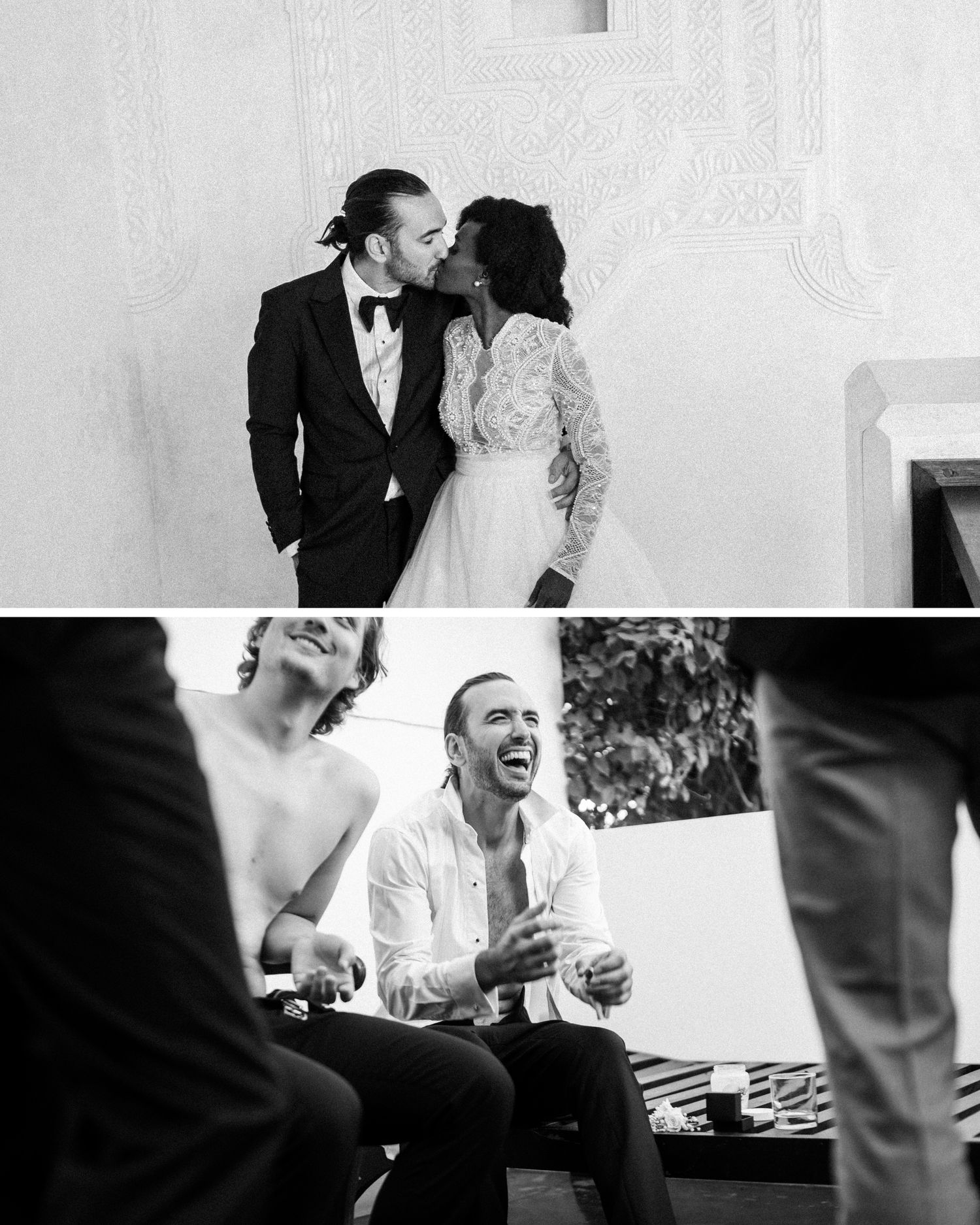 Black and white wedding photo collage showing a romantic moment against a white wall and a candid laughing moment outdoors.