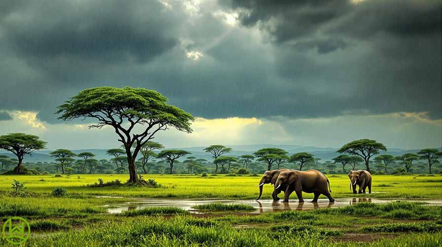 African elephants and acacia trees stand against dramatic stormy skies over the vast Serengeti savanna landscape.