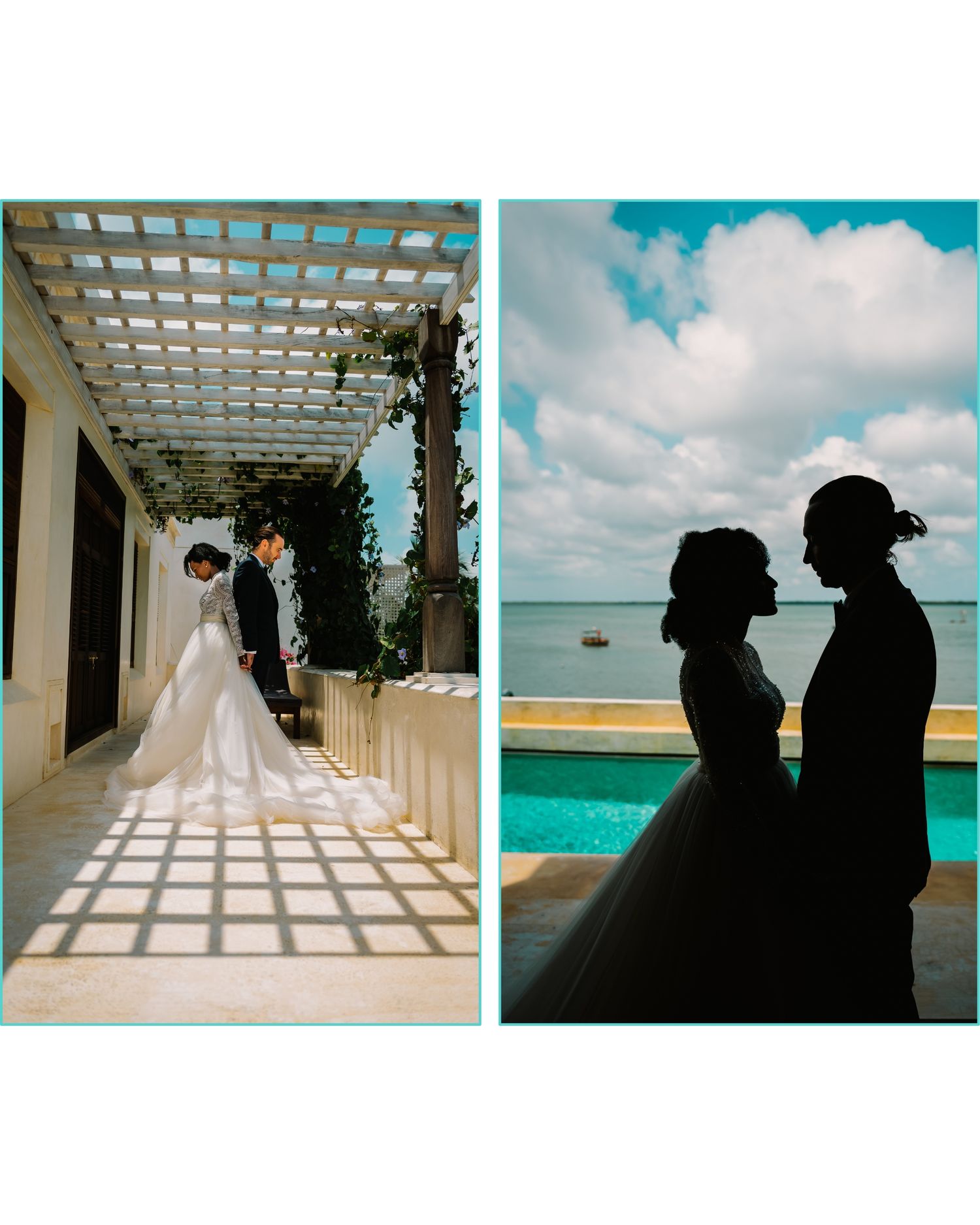 A wedding couple poses in silhouette under a white pergola overlooking a tropical ocean view on a sunny day.
