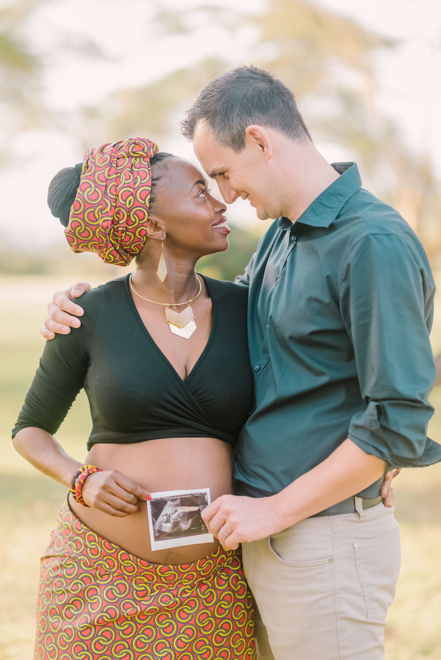 Romantic couple embraces outdoors in a series of tender moments against a soft natural background.