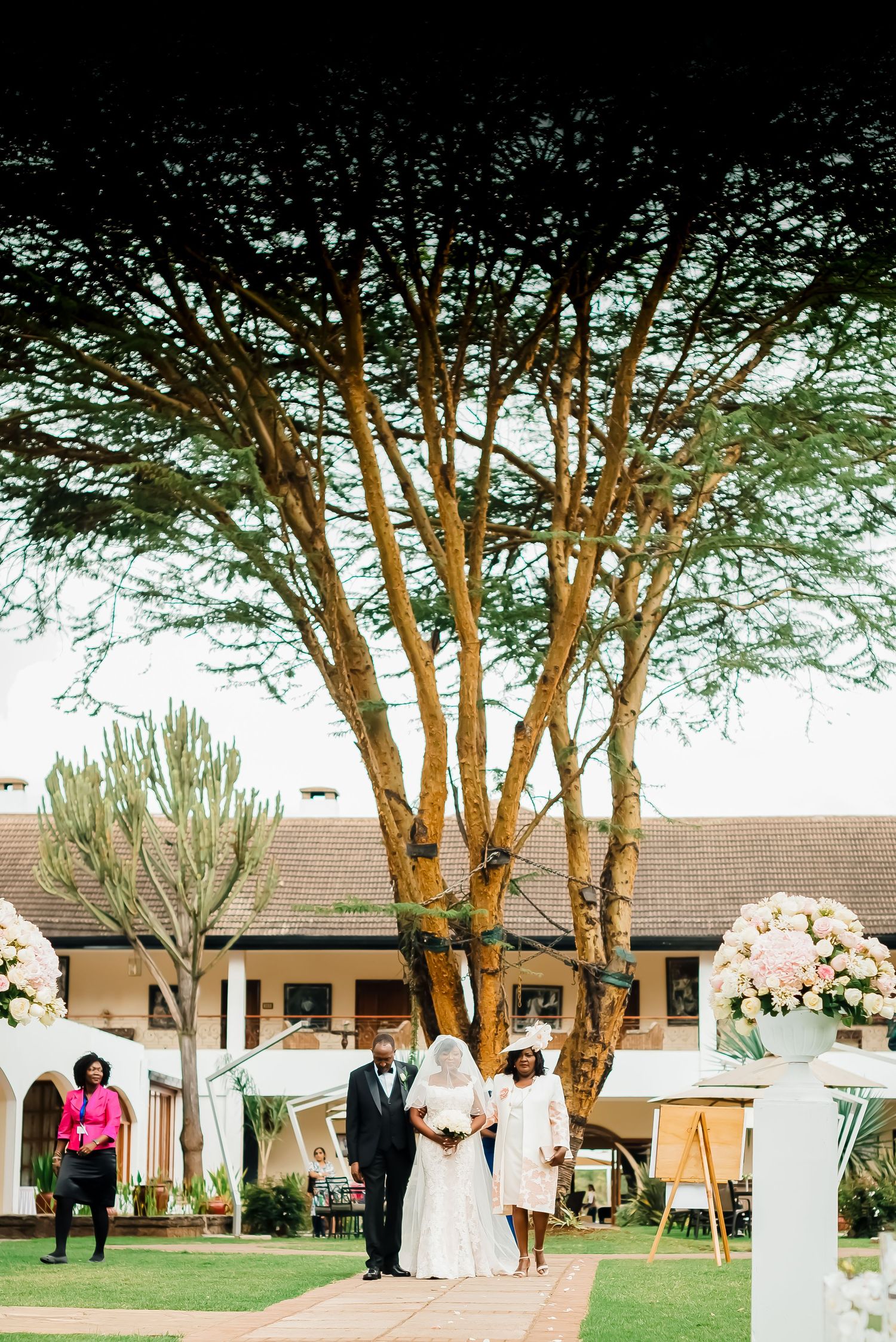 Outdoor wedding ceremony setup under tall trees with white chairs and floral arrangements creating an elegant aisle.