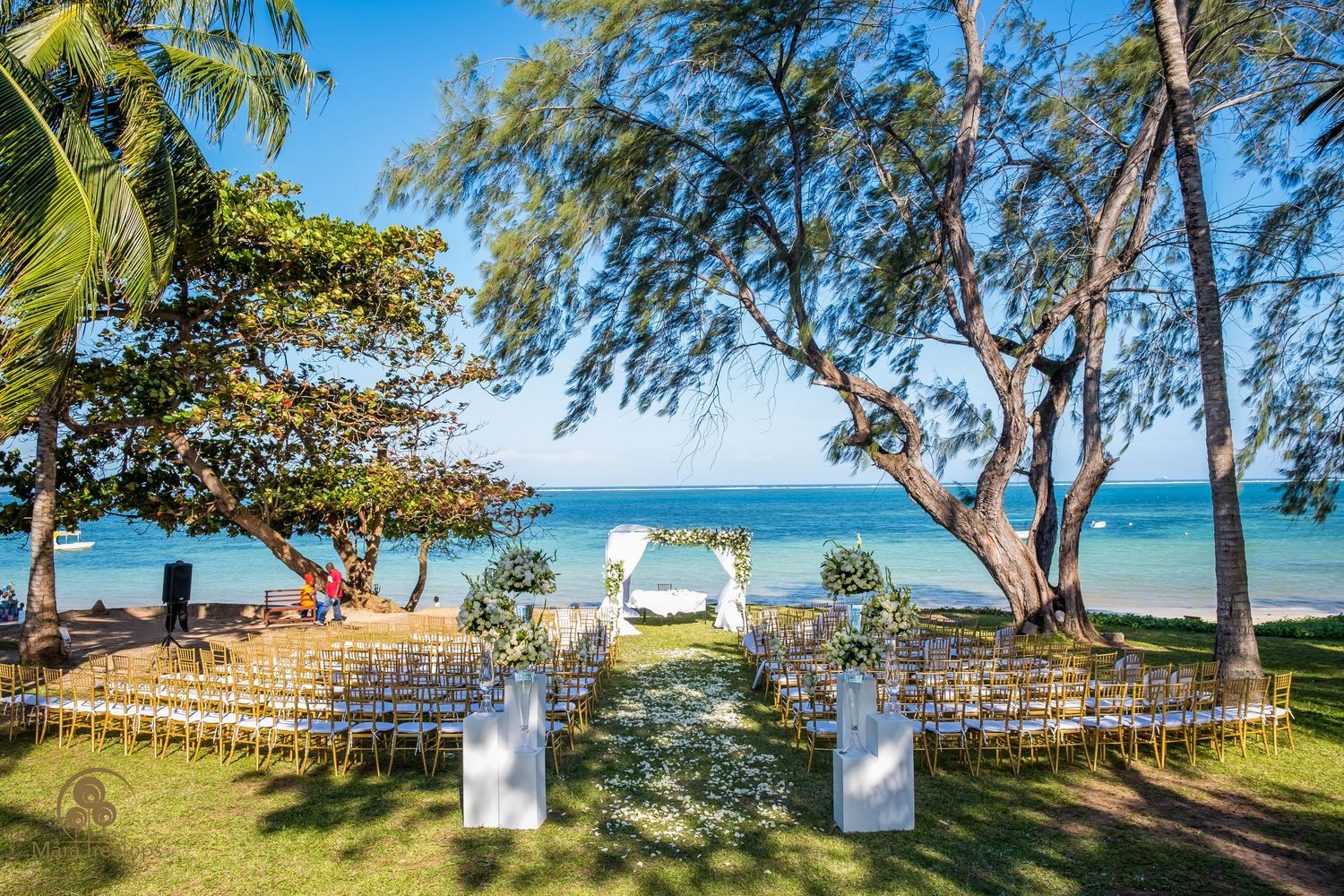 Panoramic view of a tropical beach with palm trees, white sand, and turquoise waters stretching along the coastline.