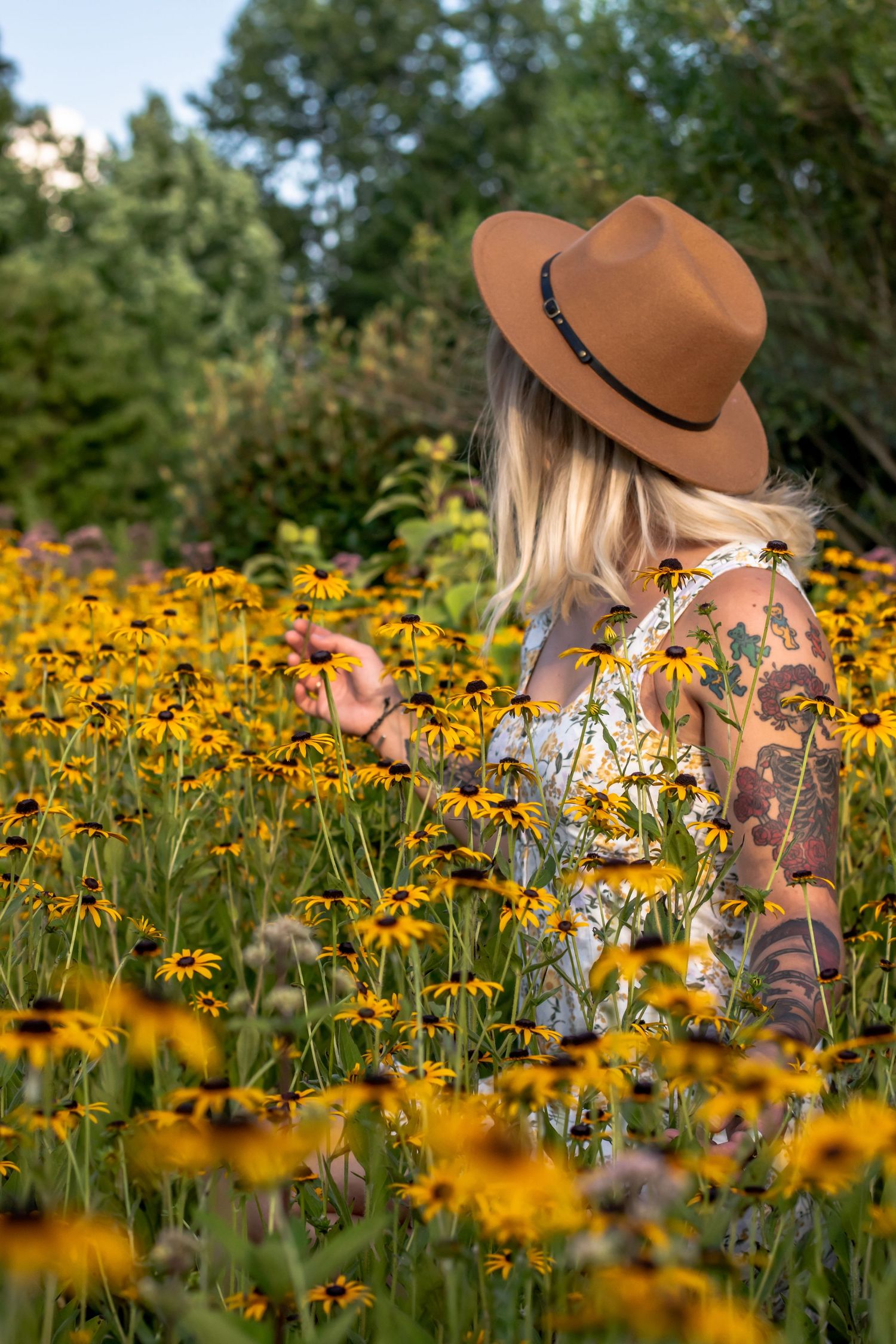 Person wearing brown hat admires field of black-eyed susan flowers on sunny day.