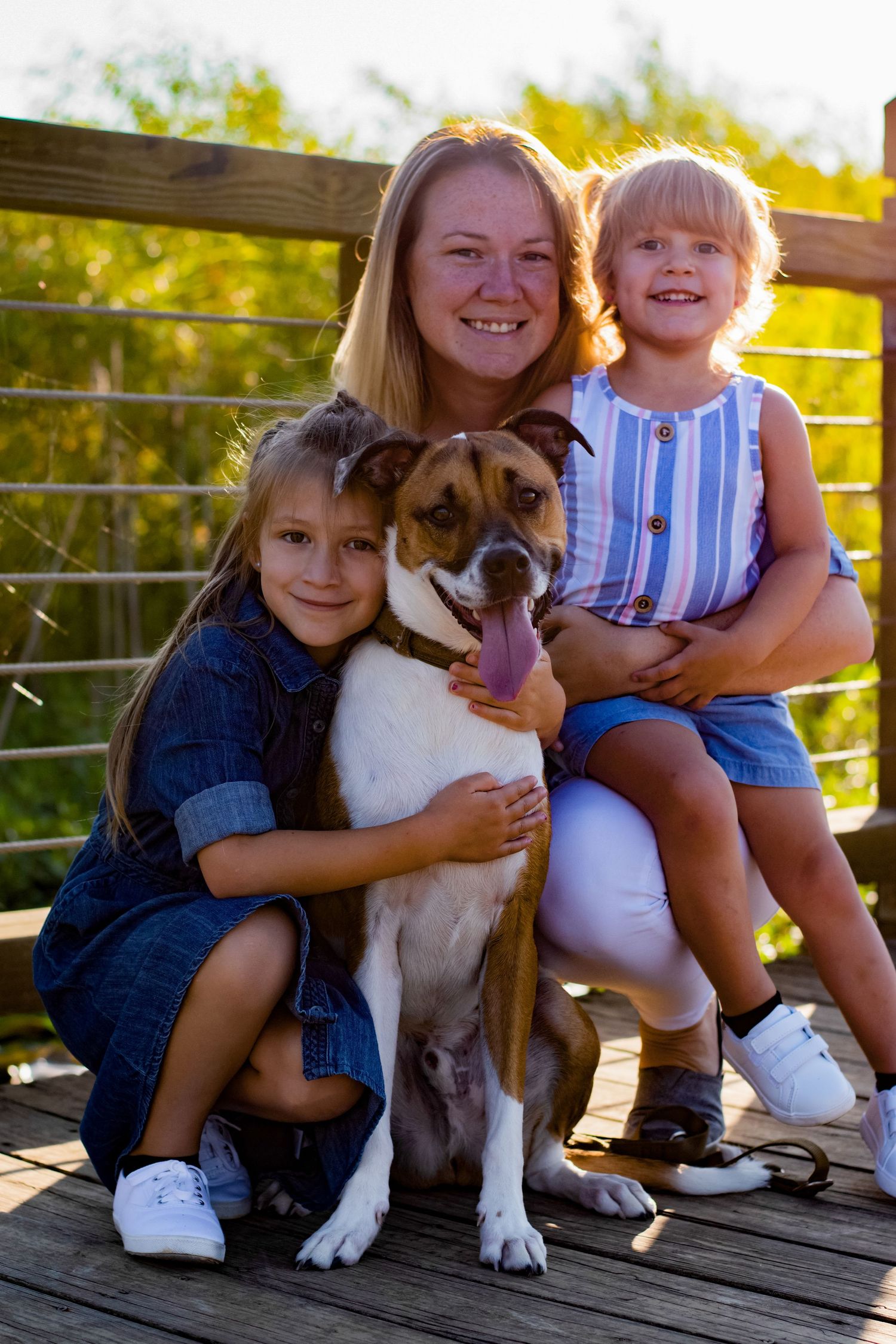 Children and a brown and white dog pose together on a wooden deck during golden hour.