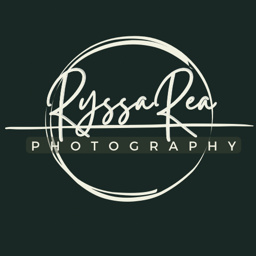 A circular logo design for Ryssa Rea Photography with white text and lines on a dark green background.