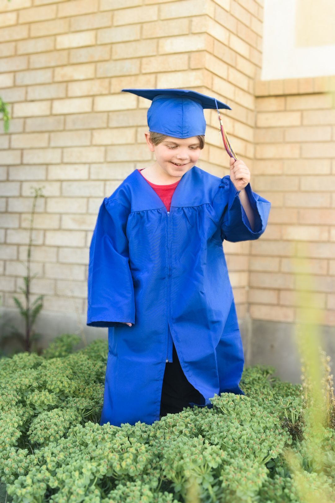 Young graduate in blue cap and gown smiling in garden setting.
