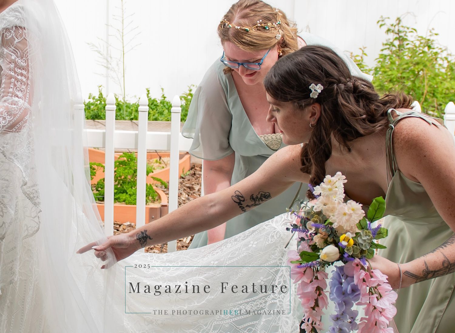 Elegant magazine feature layout with floral elements and text overlays.