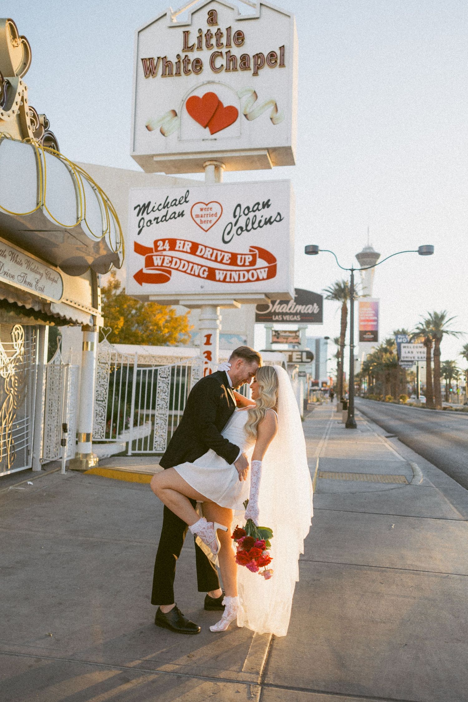A romantic sunset wedding photo session at the Little White Chapel in Vegas.