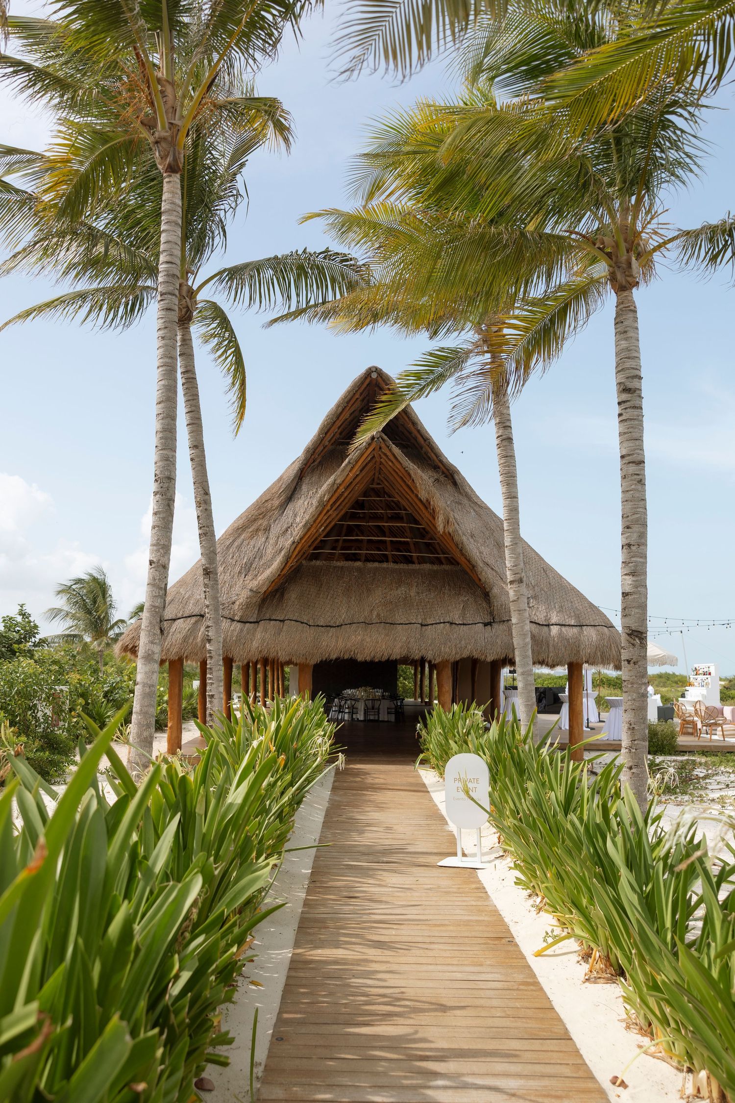 Tropical beach walkway with thatched roof huts and palm trees leading to the ocean.