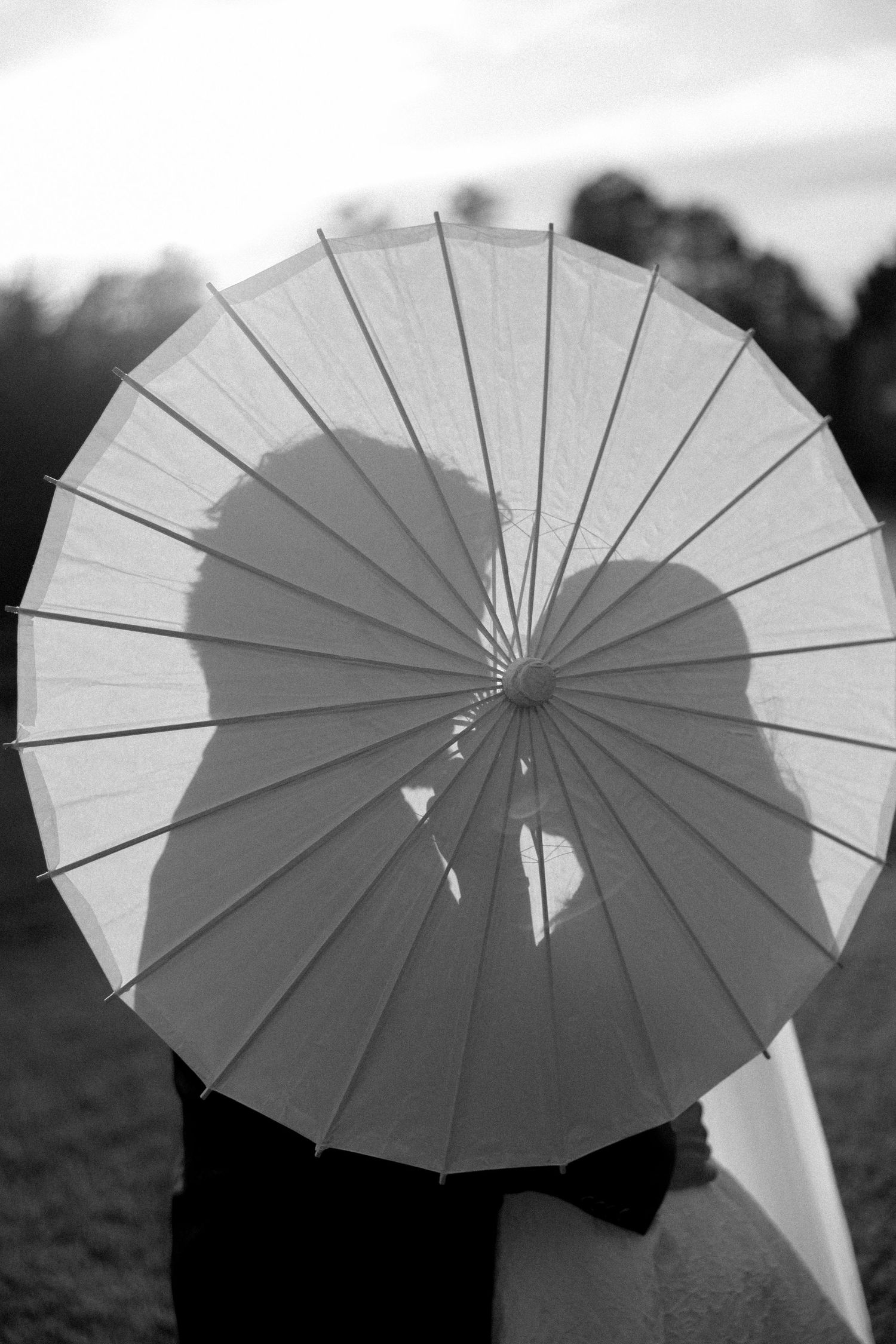 Artistic black and white photo showing silhouettes through white paper parasol.