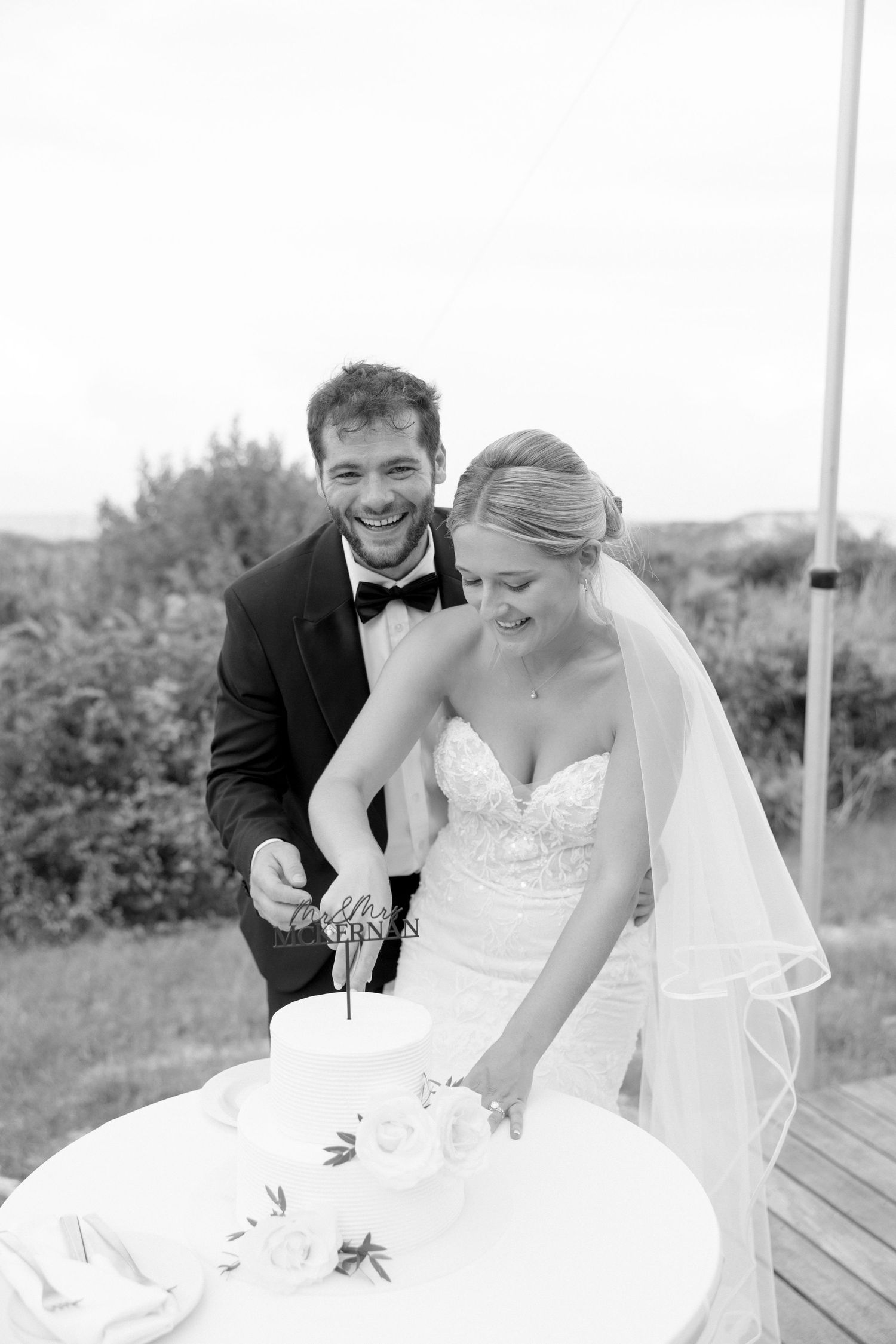 Series of candid wedding moments captured in black and white on a sunny day.