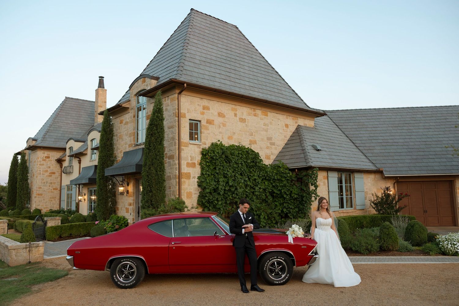 A collage of five wedding venue photos showing a brick mansion exterior and a red classic car parked outside.