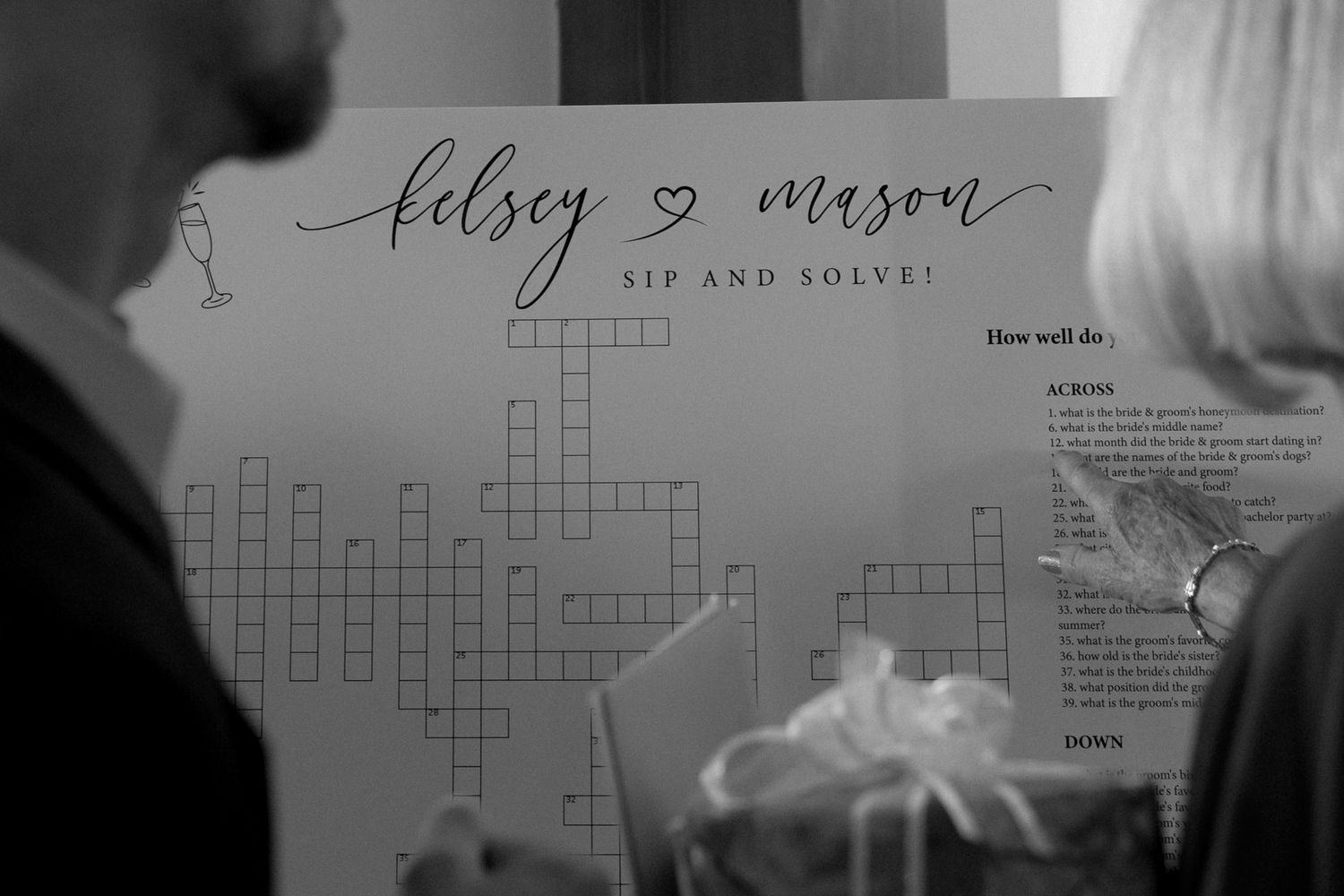 A wedding crossword puzzle displayed in black and white.