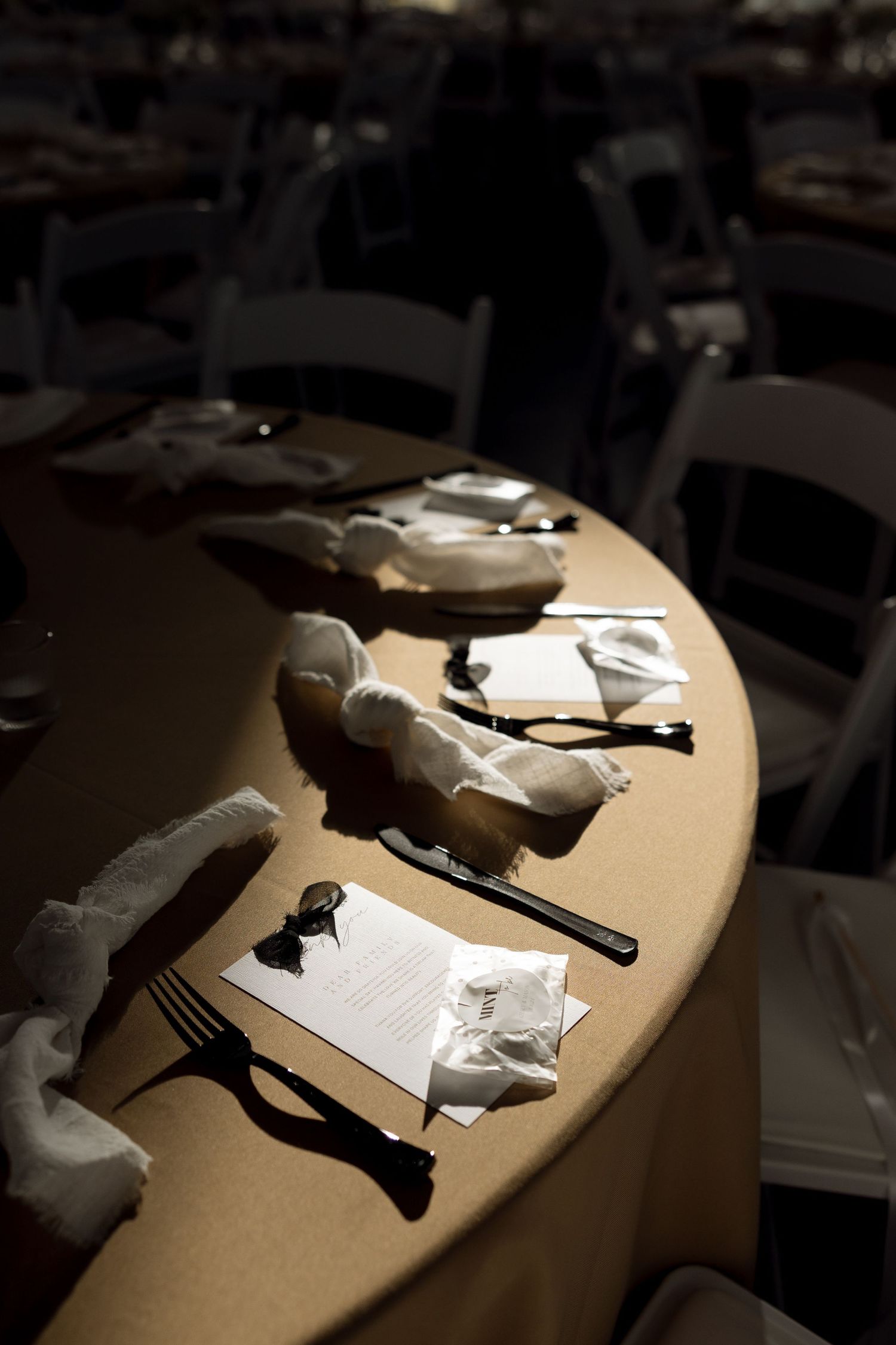 Place settings on table with napkins, utensils and menu cards in dramatic lighting.