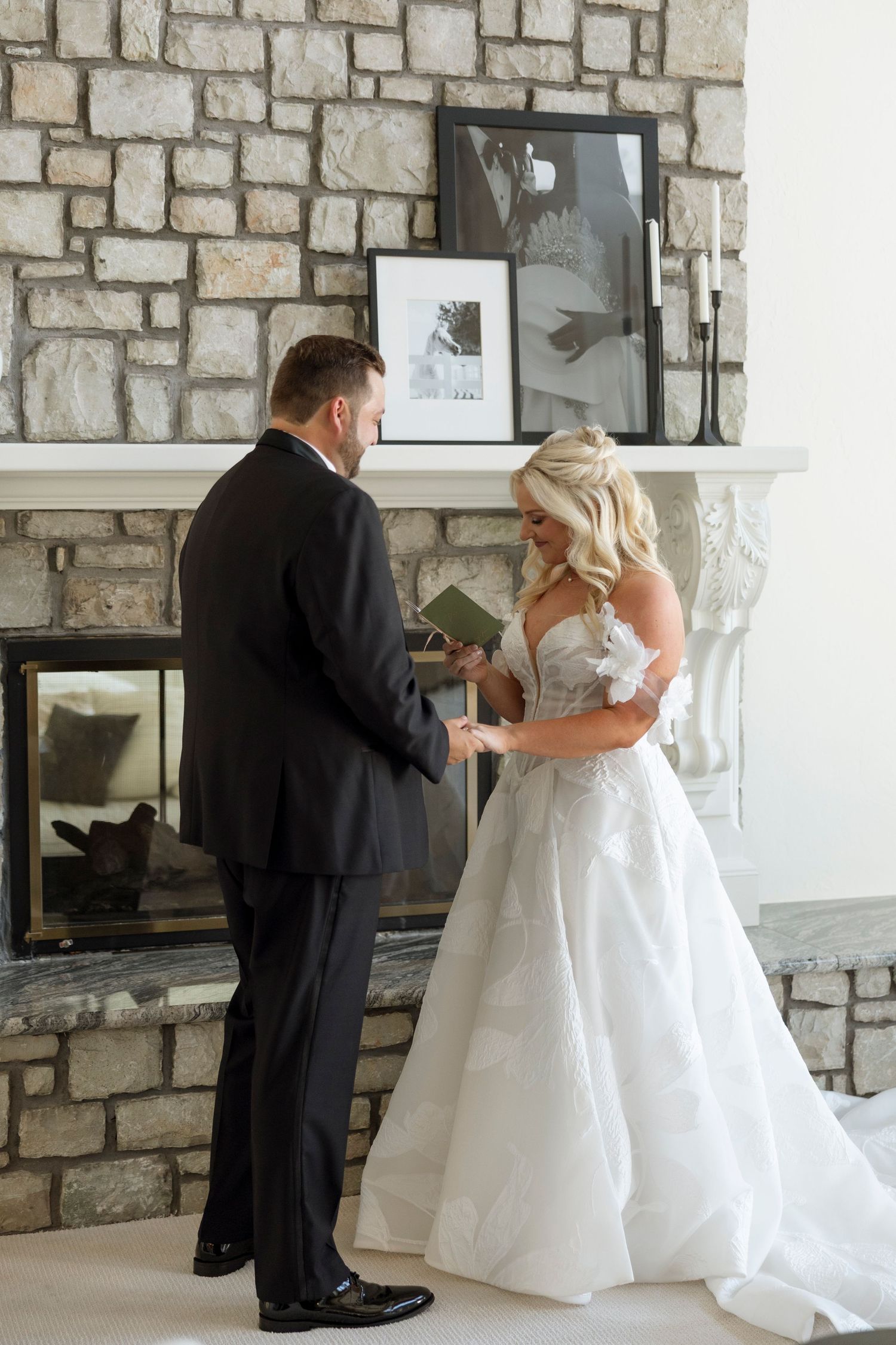 A series of emotional first look photos showing a couple sharing a private moment against a stone wall backdrop.