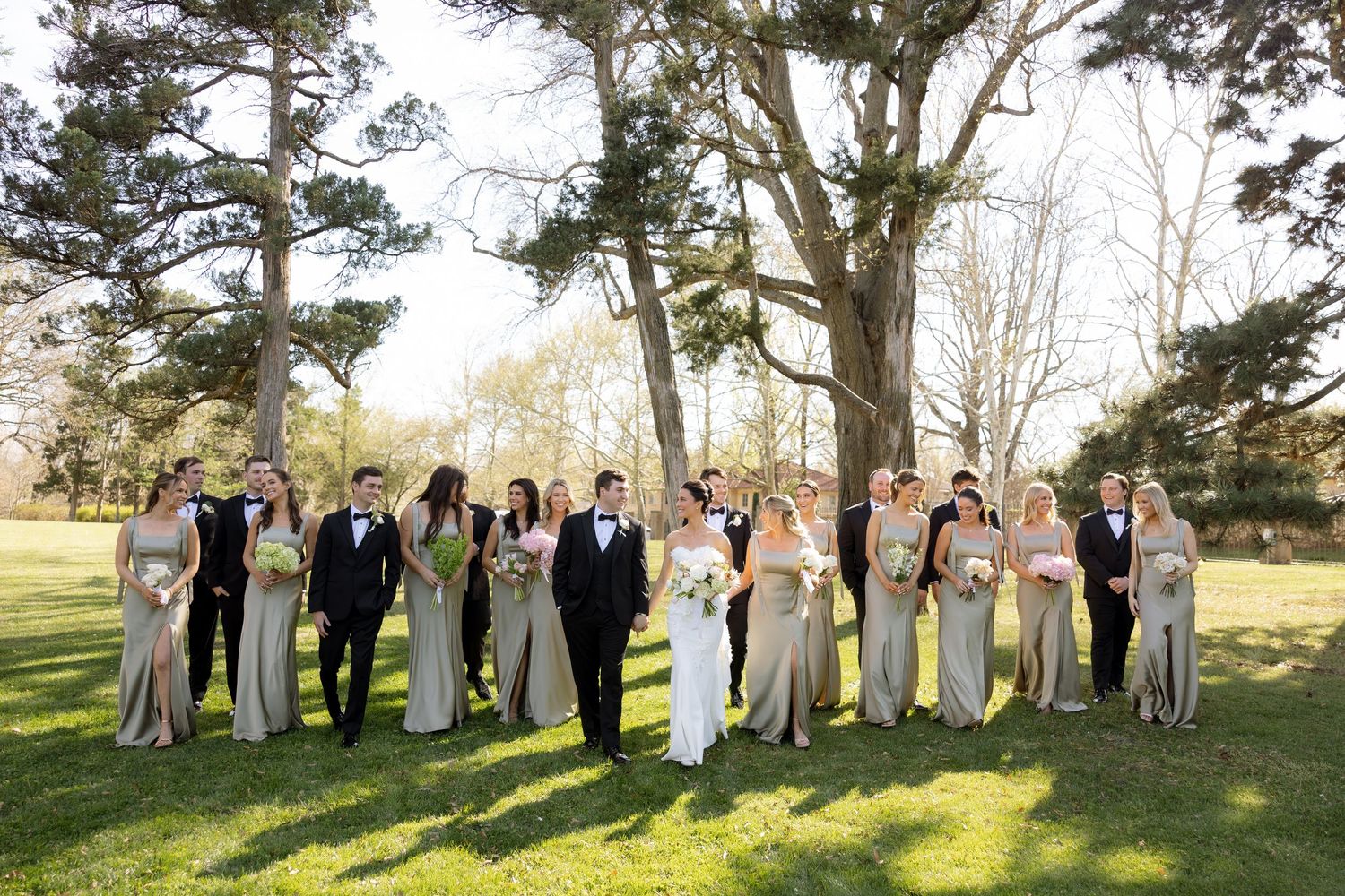 Wedding party in black tuxedos and champagne bridesmaid dresses pose on a green lawn outdoors.