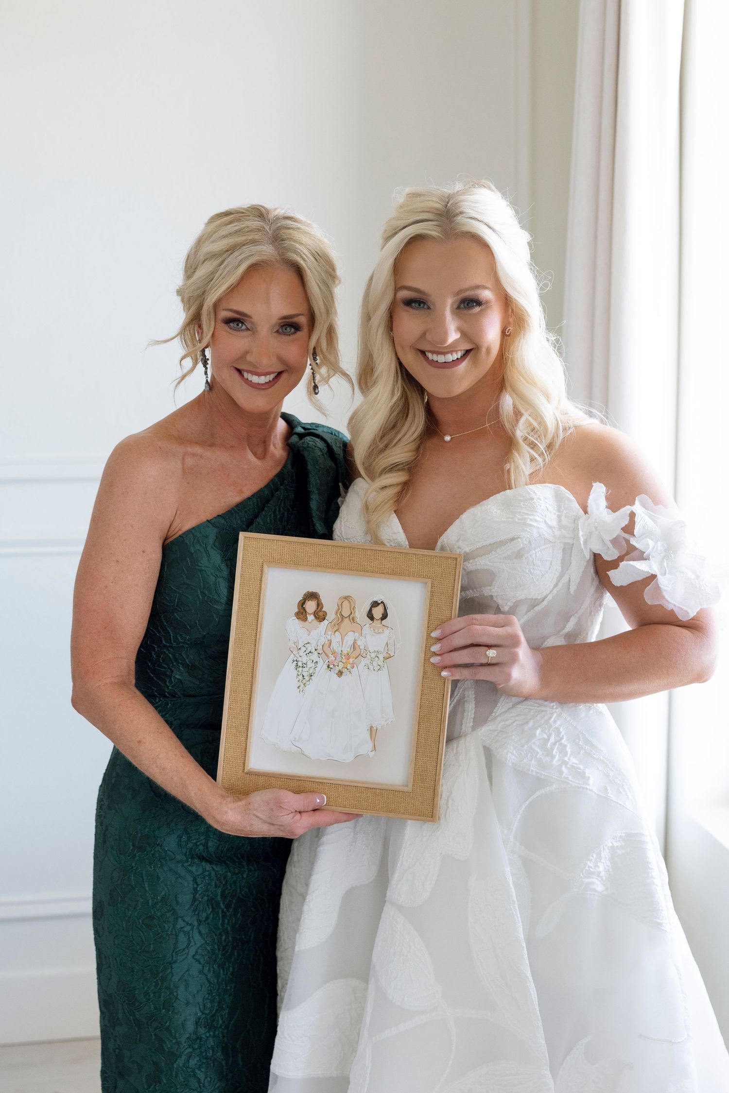 Wedding photography series showing emotional moments in white dress and dark green attire.