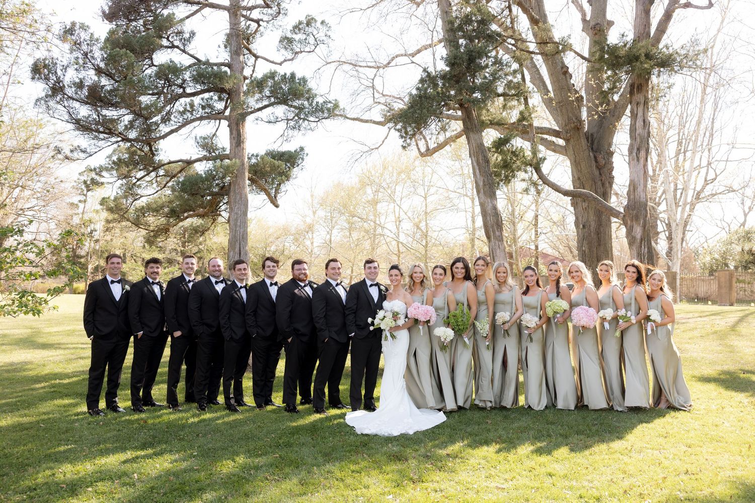 Large wedding party with groomsmen in tuxedos and bridesmaids in sage green gowns posing outdoors.