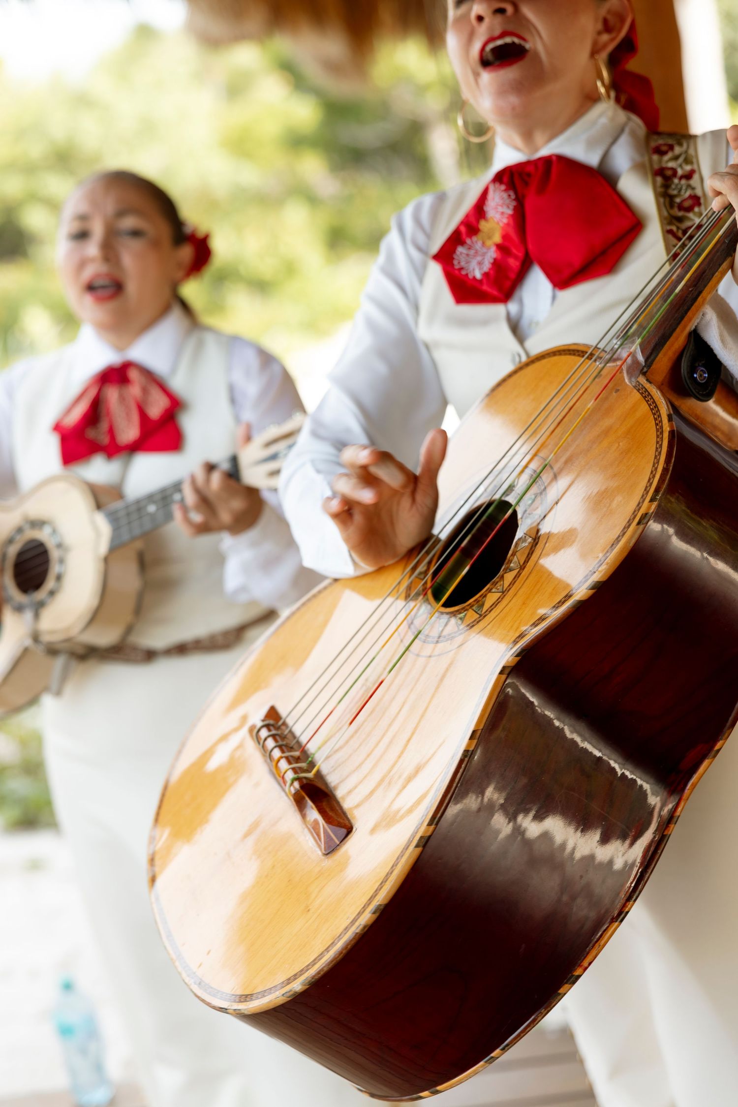 A series of close-up shots showing a wooden acoustic guitar being played during a performance.