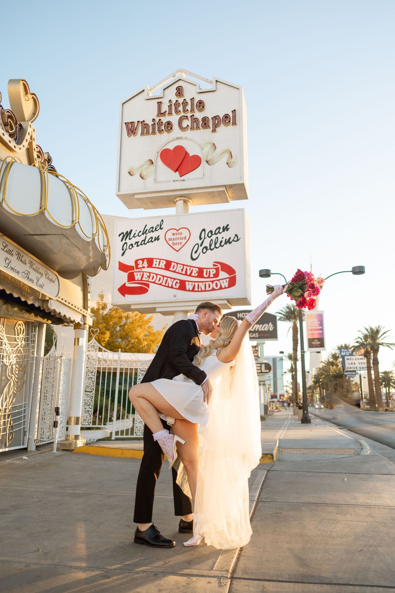 A romantic wedding photoshoot outside the famous Little White Chapel in Las Vegas.