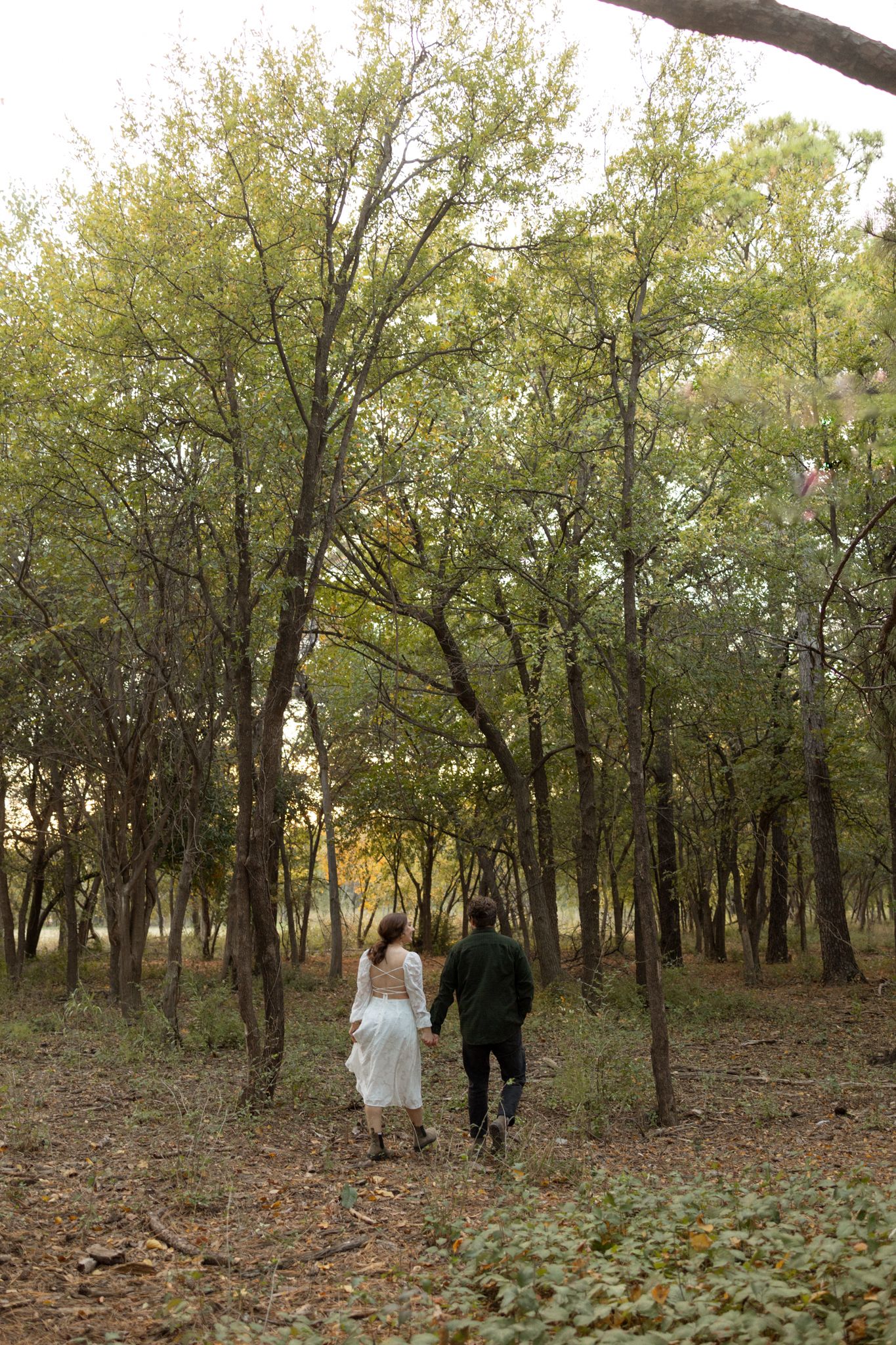 A couple walks hand in hand through a wooded area with tall trees and fallen leaves.