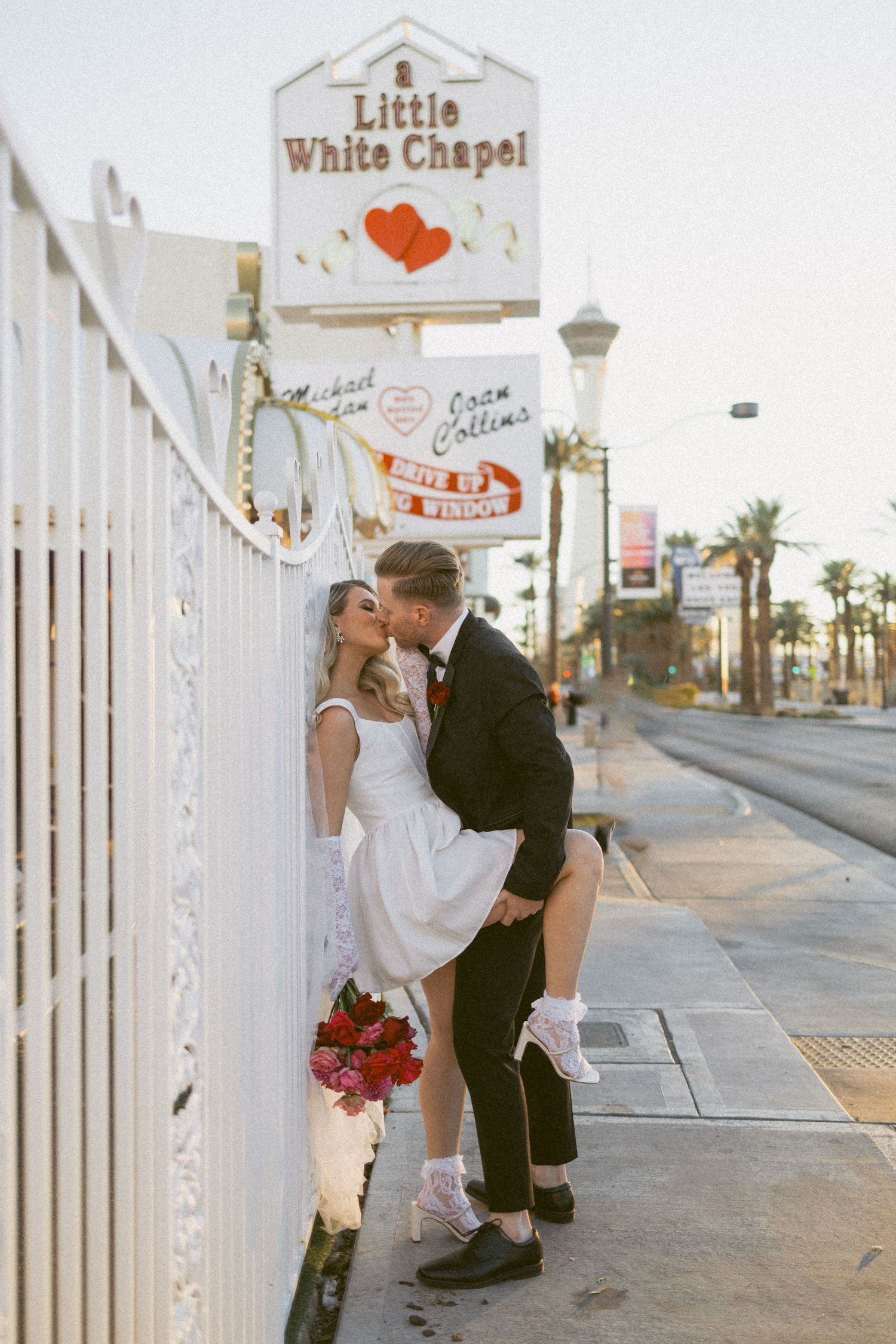 Sunset wedding photography at the famous Little White Chapel wedding venue in Las Vegas.