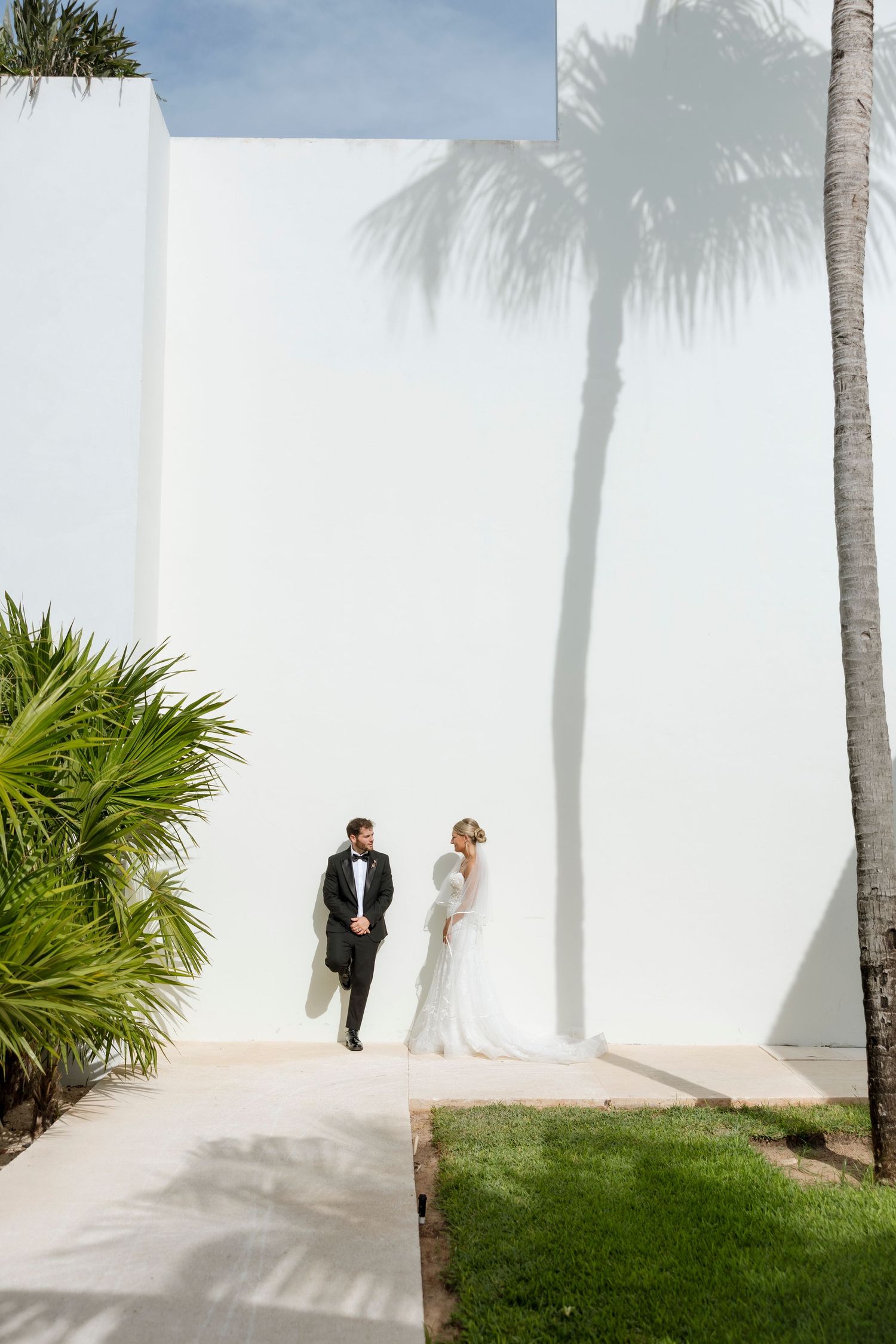 Wedding couple walks along a tropical palm-lined path against a white wall in a romantic photo sequence.