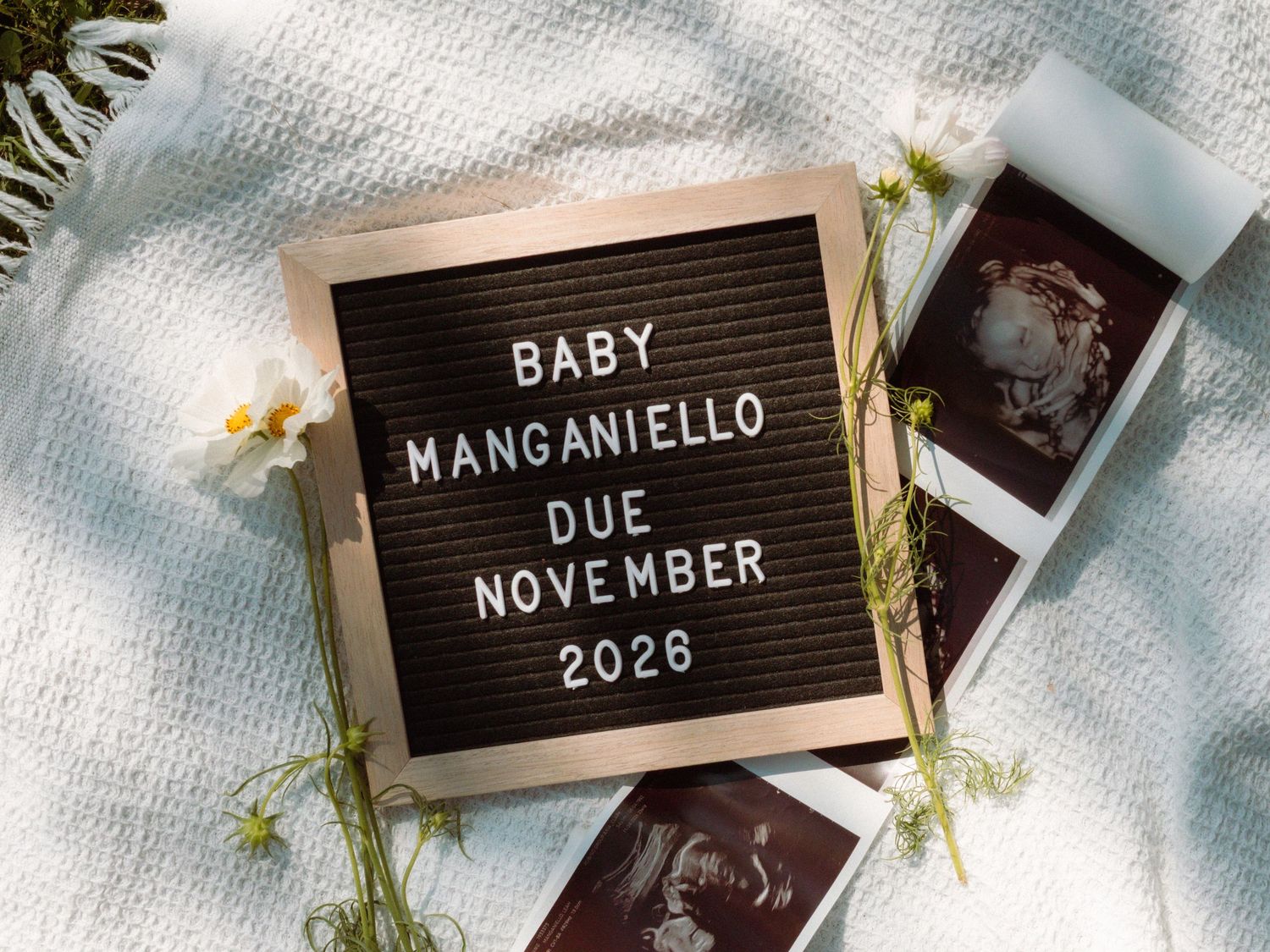 Baby Manganiello due November 2026 announcement letterboard with ultrasound photos and flowers.
