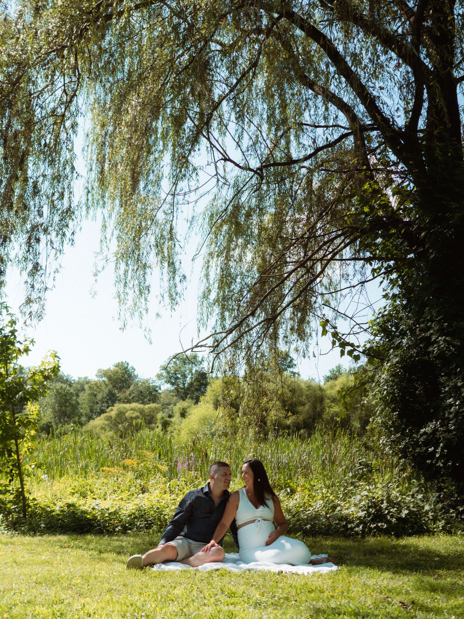 Pregnant couple sitting together on a blanket under a weeping willow tree in a sunny park.