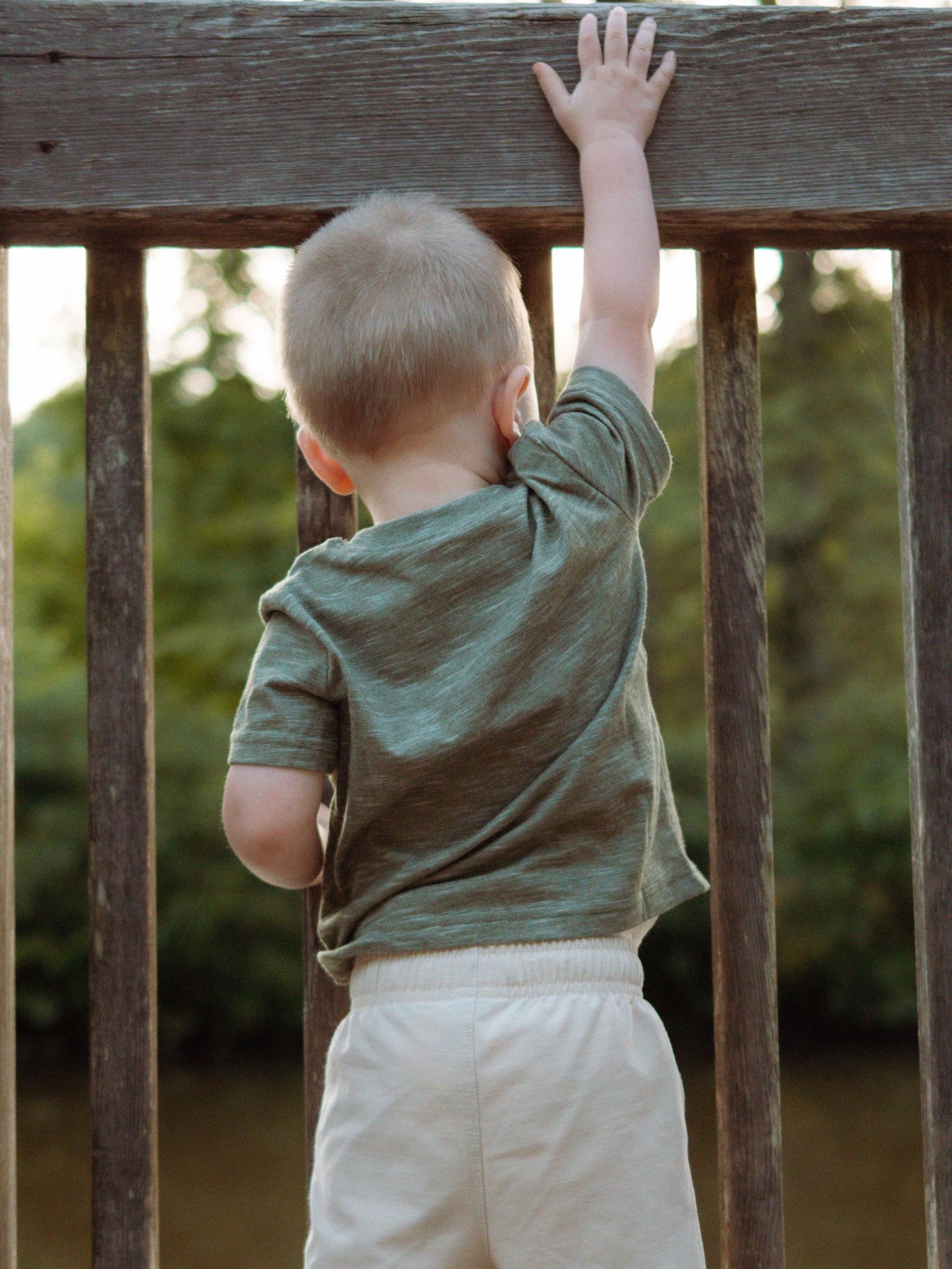 Toddler in green shirt reaches up through wooden deck railing toward trees beyond.