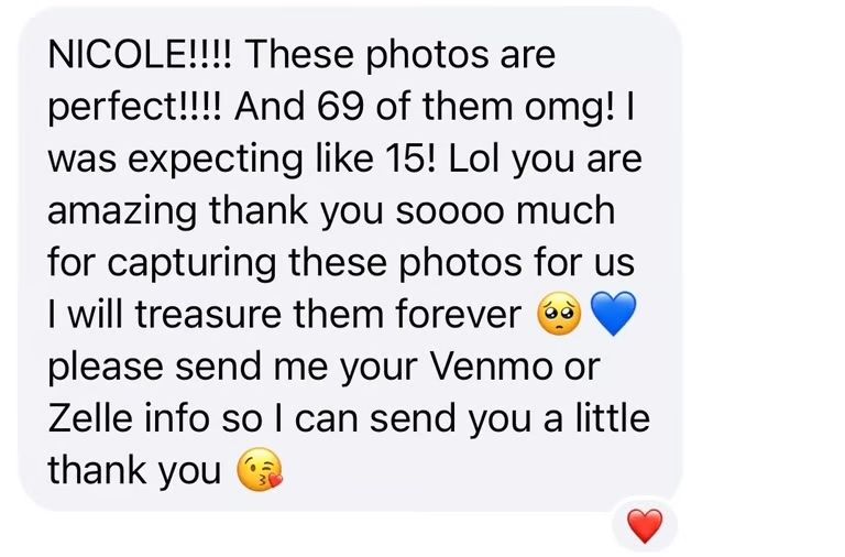 Five-star client testimonial praising photographer Nicole for delivering 69 beautiful photos exceeding expectations.