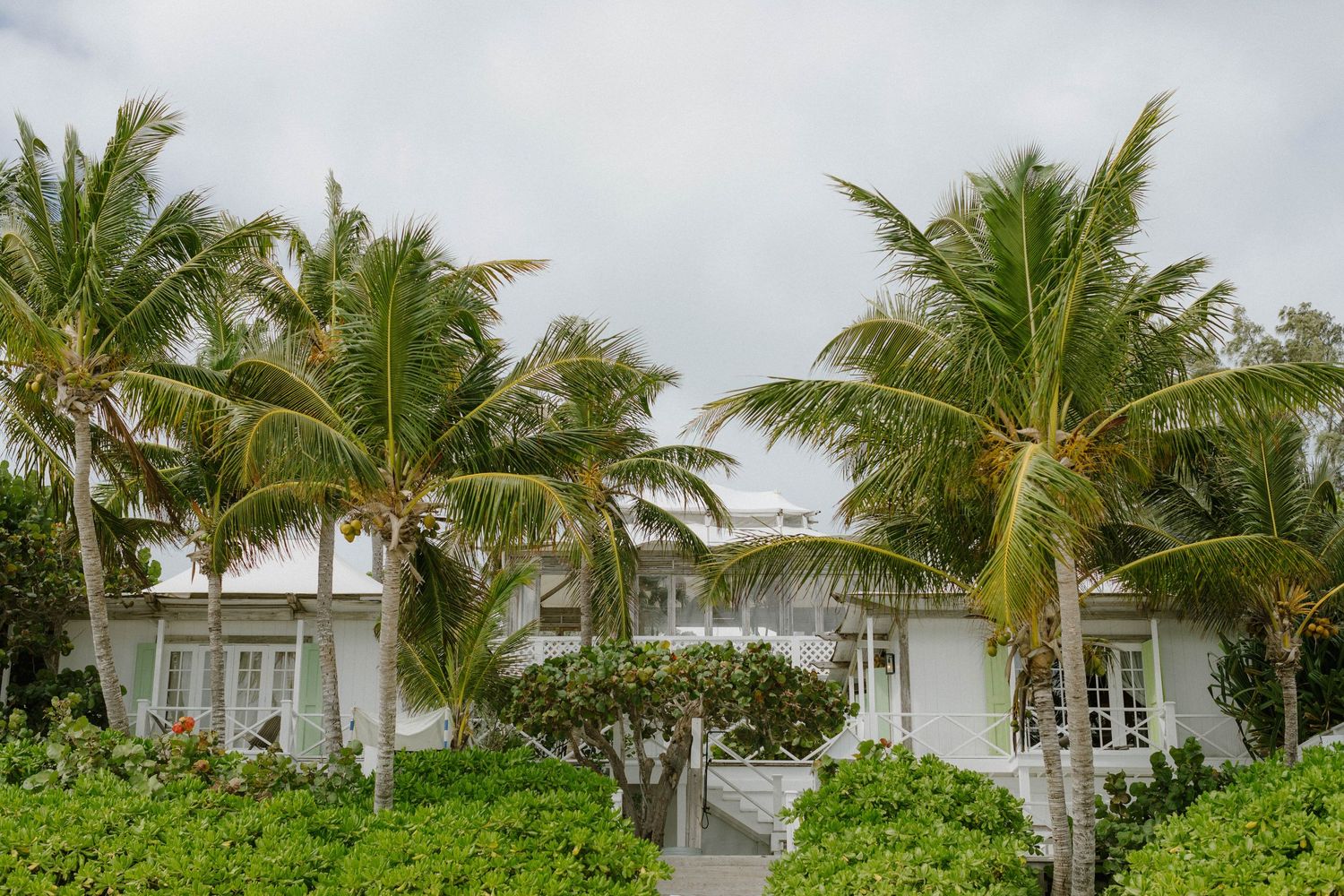 White beach house surrounded by palm trees and tropical landscaping.