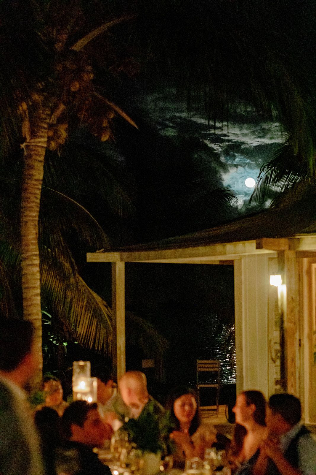 Outdoor nighttime party venue with white cabanas and palm trees illuminated under a full moon.