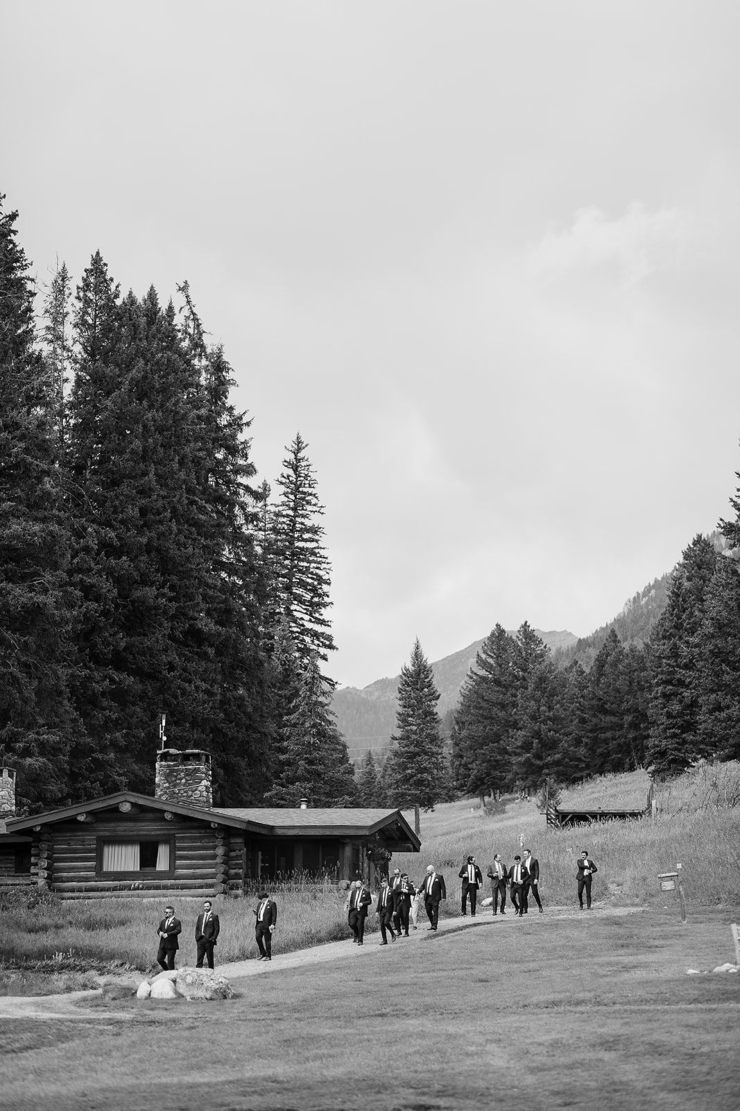 A panoramic view of people walking near log cabins in a mountainous forest setting with evergreen trees.