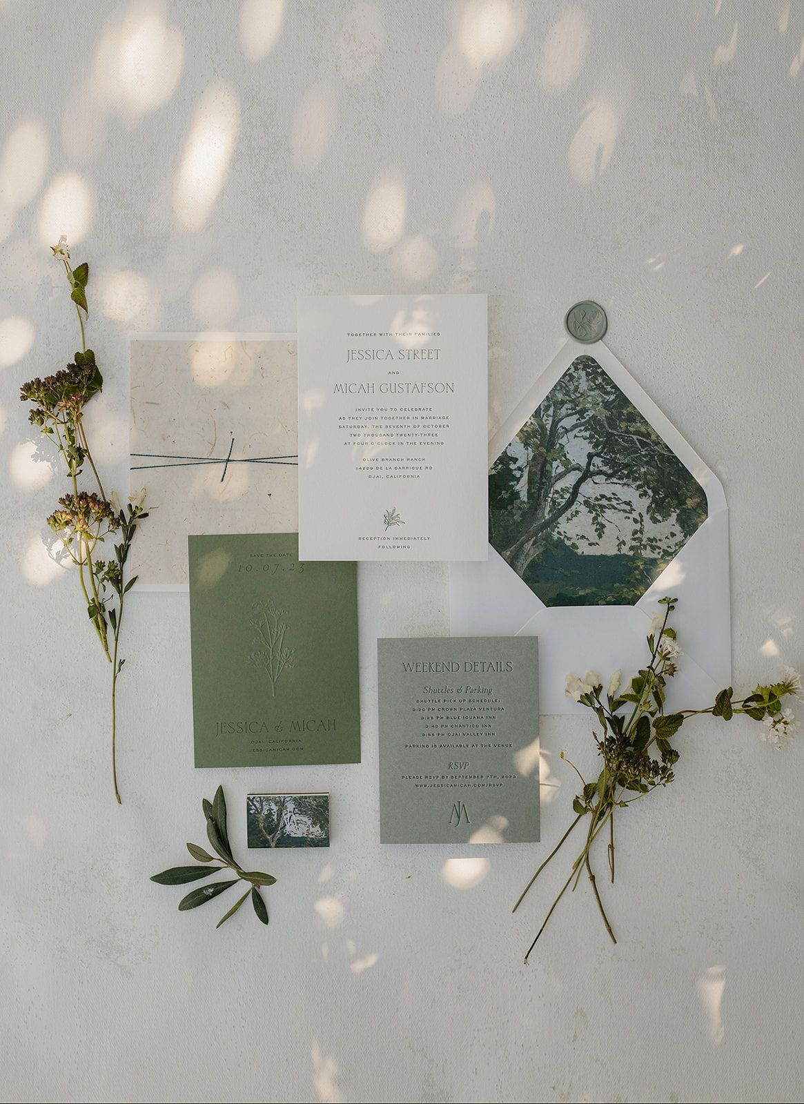 Wedding stationery suite in sage green with dried flowers and natural light shadows.